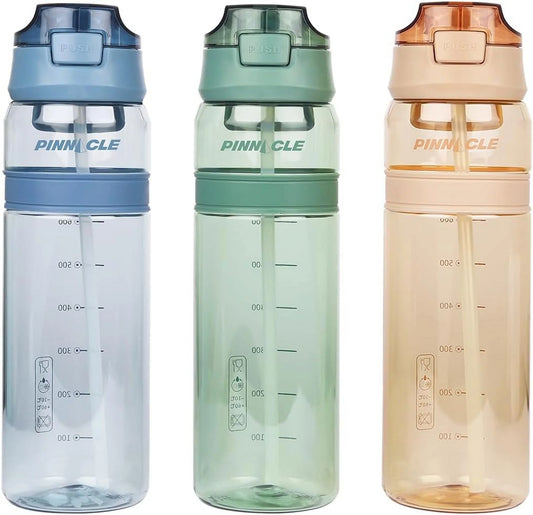 Pinnacle Water Bottle with Straw – 3-Pack Running Water Bottle with Hydration Markers – 24Oz Non-Bpa Plastic Travel Water Bottle with Silicone Sip Mouth and Modern Colors